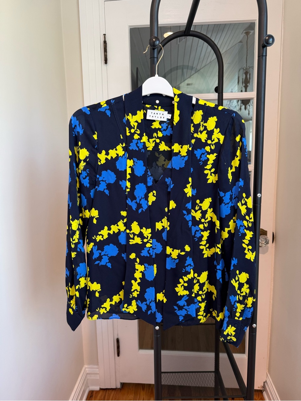 Tanya Taylor Navy, Cobalt & Chartreuse Floral Print Tie-Neck Blouse – Size 2